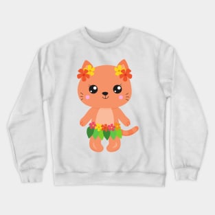 Hawaii Cat, Cute Cat, Orange Cat, Flowers, Luau Crewneck Sweatshirt